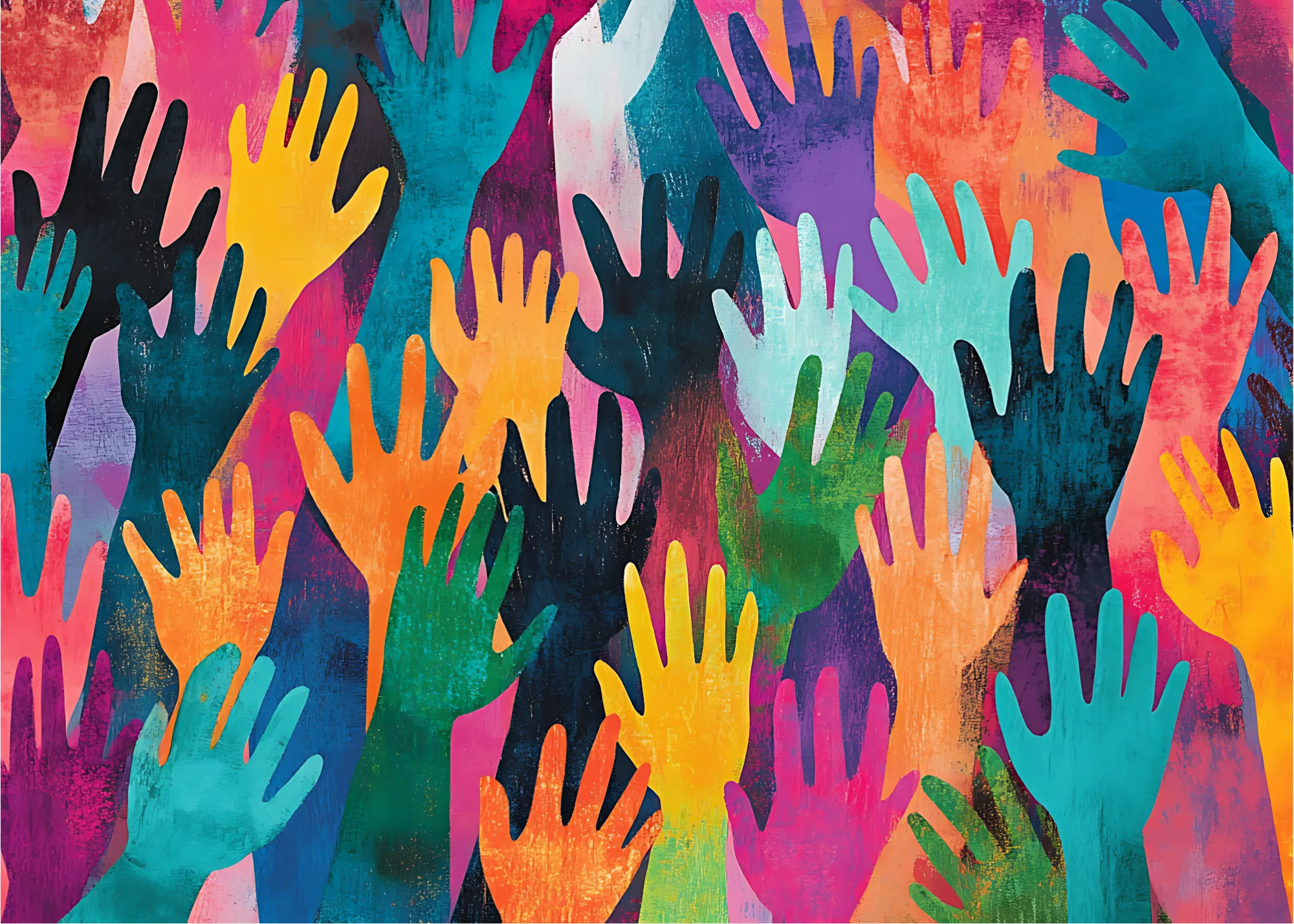 Collage of hands in multiple painted colors.