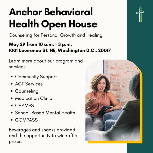 On May 29, Catholic Charities’ Anchor Behavioral Health programs will be hosting an open house. This is an opportunity for community members to take control of their mental well-being and learn more about our mental health programs, such as Community Support, Champs, and School Based Mental Health. Beverages and snacks will be provided. 

When: May 29 from 10 a.m. - 3 p.m.
Where: 1001 Lawrence St. NE., Washington D.C. 20017

#CatholicCharitiesDC #MentalHealth #Wellness #OpenHouse #WashingtonDC