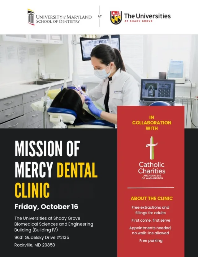 Through our Mission of Mercy Dental Clinic, we will be offering free extractions and fillings on Friday, October 16, at the Universities at Shady Grove Biomedical Sciences and Engineering Building (Building IV).

Appointments are required and are available on a first-come, first-served basis. Patients must be registered prior to the event.

Space is limited, and walk-ins will not be accepted. To register, please click the link in our bio.

----------------------------------------

A trav&eacute;s de nuestra cl&iacute;nica dental Mission of Mercy, ofreceremos extracciones y empastes gratuitos el viernes 16 de octubre en el edificio de Ciencias Biom&eacute;dicas e Ingenier&iacute;a (Edificio IV) de Universities at Shady Grove.

Es necesario concertar cita; estas se asignar&aacute;n por orden de llegada. Los pacientes deben registrarse antes del evento.

El cupo es limitado y no se atender&aacute; a personas sin cita previa. Para registrarte, por favor haz clic en el enlace de nuestra biograf&iacute;a.

#CCADW #MissonOfMercy #DentalServices