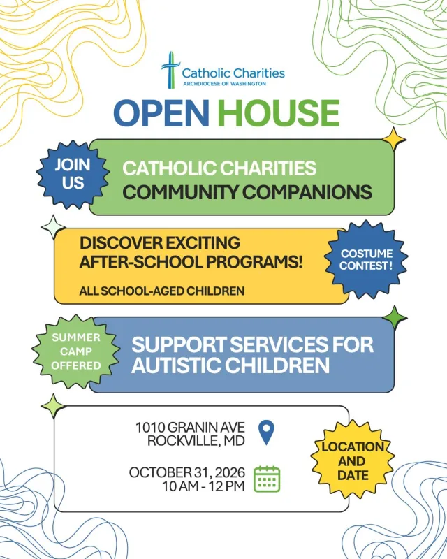 Mark your calendars! 🗓️ 

Join our Community Companions program at their Open House on Saturday, October 31. Learn more about the program, their support services for children with developmental disabilities, and enjoy a spooktacular time! Did we mention there will be a costume contest? 

Learn more by visiting https://www.catholiccharitiesdc.org/program/community-companions/ 

#CCADW #OpenHouse #CommunityCompanions
